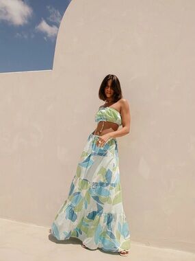 Sabo Skirt Leaf-Print Maxi Skirt in Green & Blue